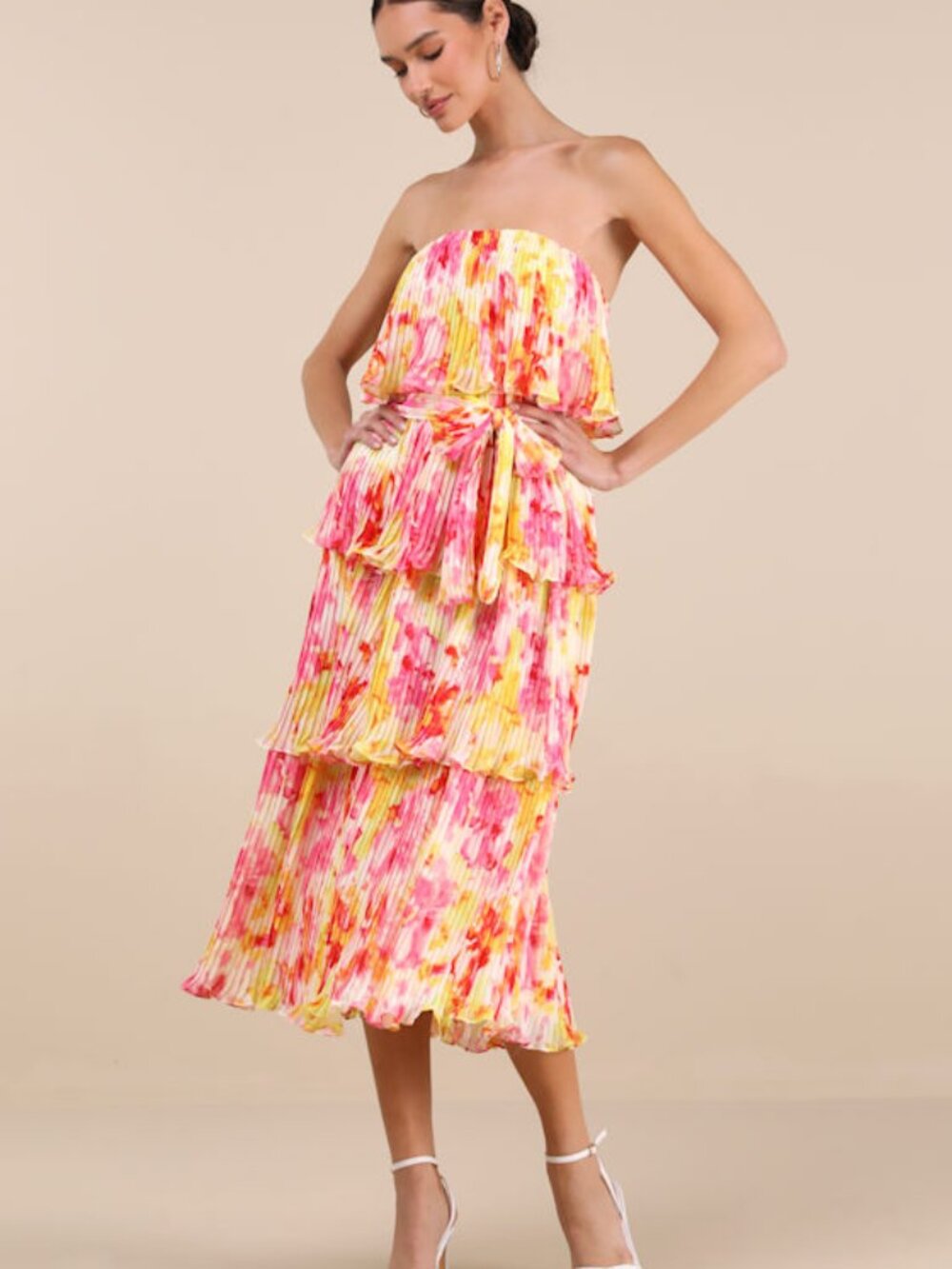 Lulus Nessa Yellow And Pink Abstract Plisse Tiered Midi Dress - Size S